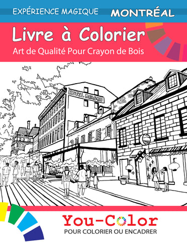 Book cover of Montreal Coloring and reading book, billingual edition. The text on the cover encourages users to 'Color it or Frame it,' highlighting the dual use as both coloring pages and art. It invites users to creatively engage with the charm of Montreal, Quebec, Canada through this full book. You-Color.com. Coloring book Montreal :: You-Color