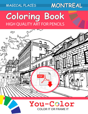 Digital eBook cover for 'Magical Montreal: A Coloring Adventure,' featuring line art of Montreal's historic architecture and bustling street scenes, including the iconic Hotel Nelson. The top of the cover has a red banner with the text 'MAGICAL PLACES' and 'MONTREAL' in white font.  eBook Monttreal :: You-Color